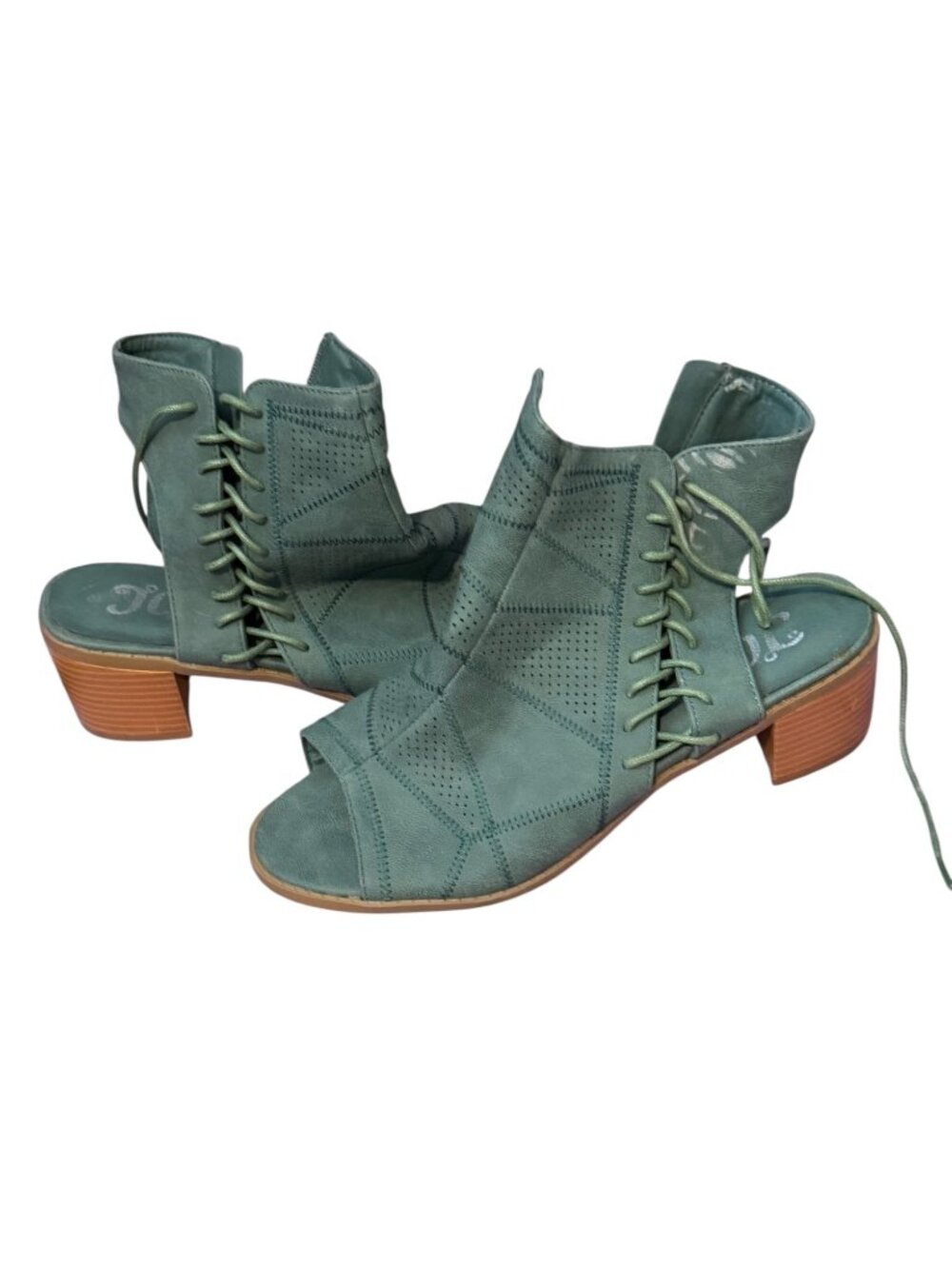 Suede Lace-Up Open-Toe Ankle Booties in Sage